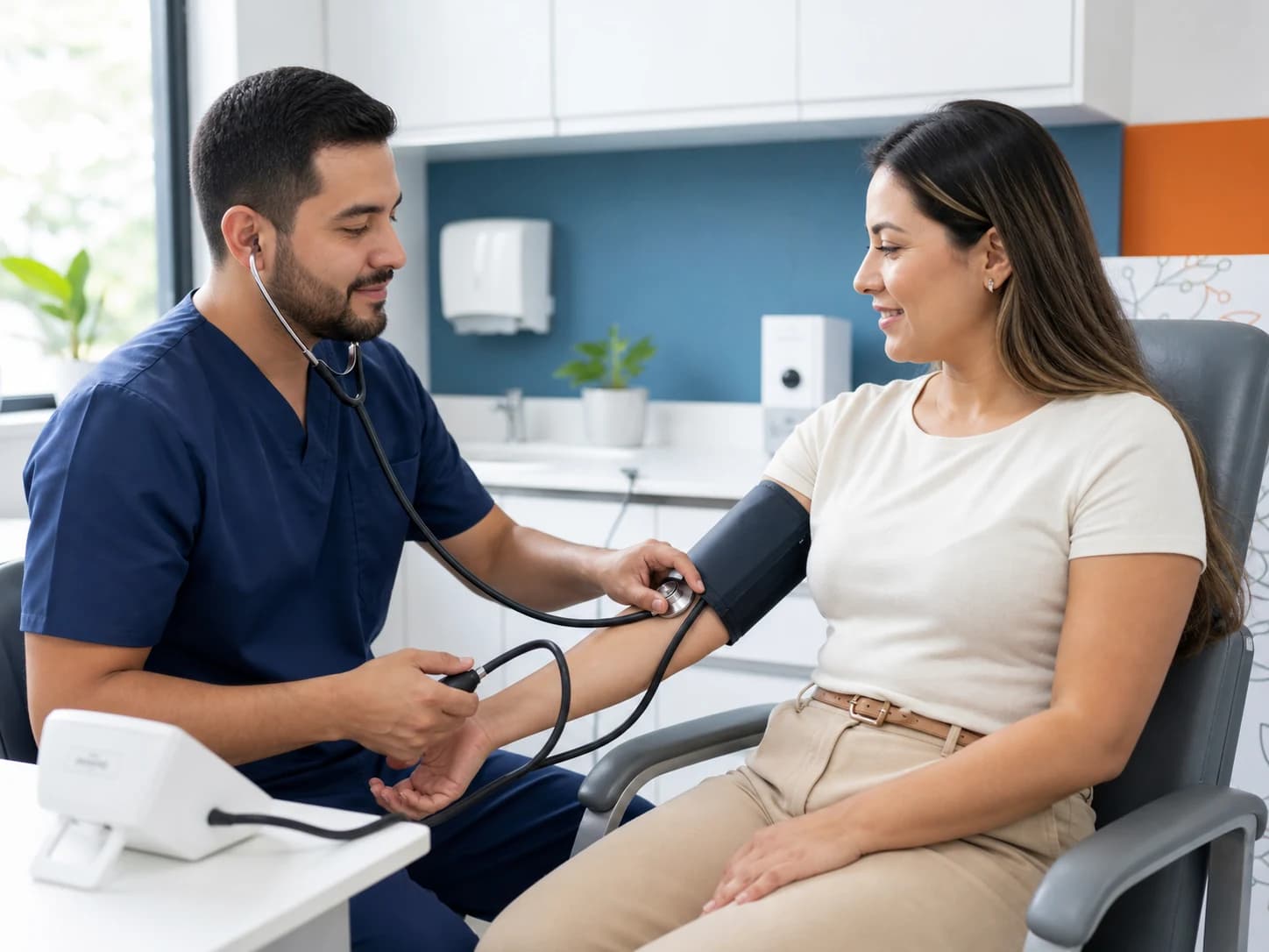 Profesional de la salud tomando la tensión arterial a una paciente durante un examen médico