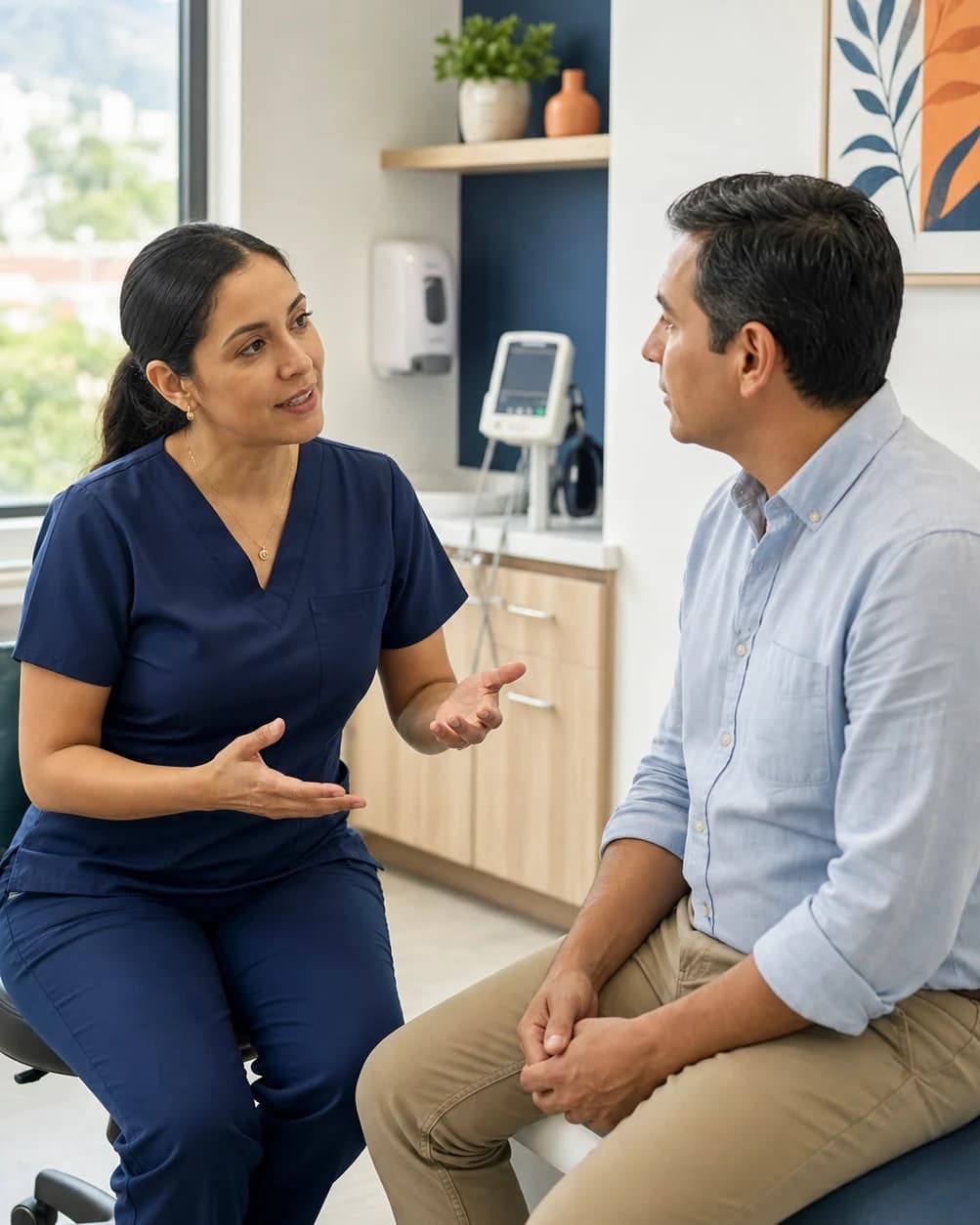 Profesional de la salud de VIMOS S.G orientando a un paciente en consulta